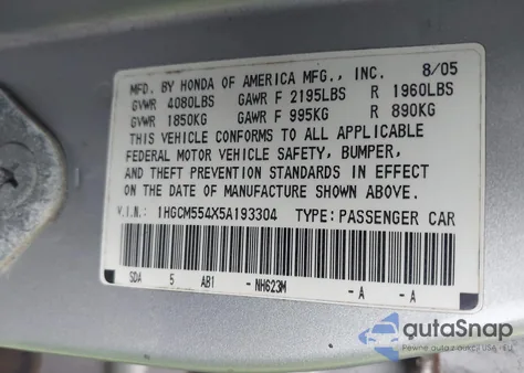 2005 Honda Accord 2.4 Lx from USA, damaged, VIN 1HGCM554X5A193304